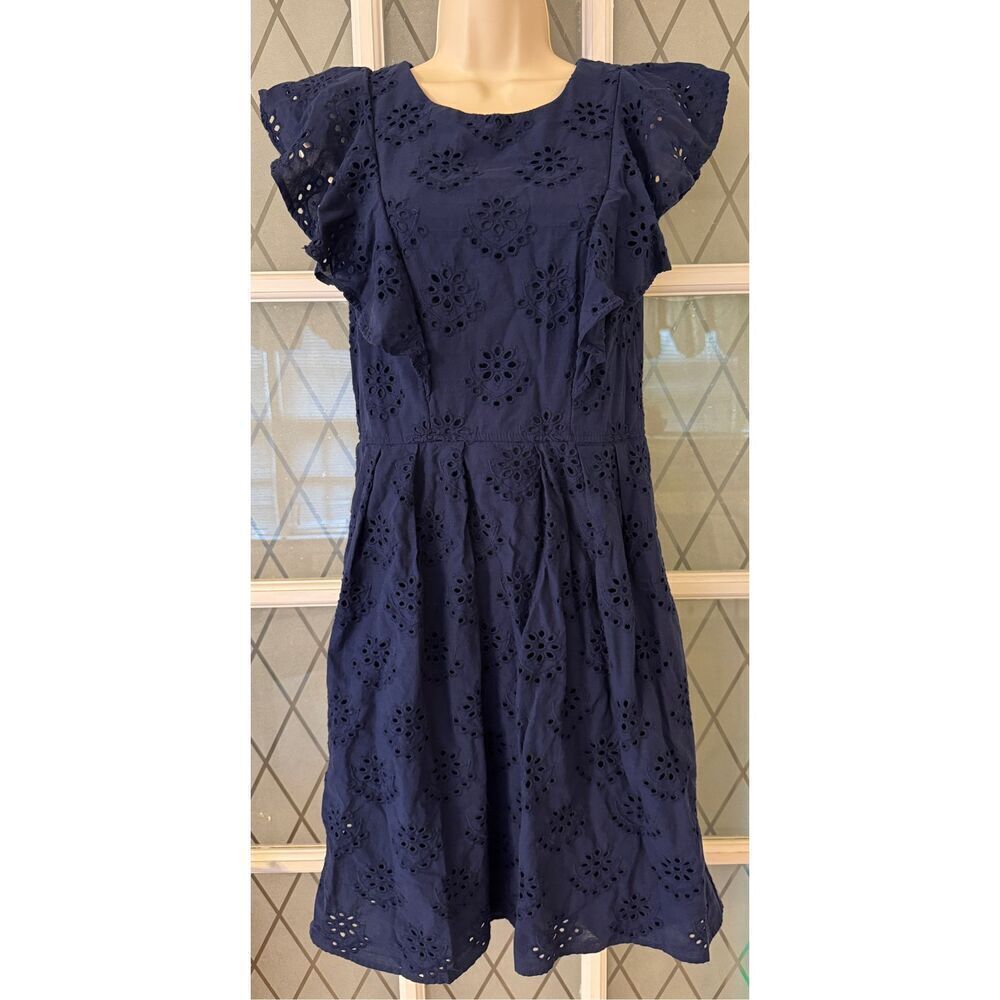 Chris McLaughlin Women's Flutter Sleeve Eyelet Ruffle Front Navy Blue Dress 6 - Picture 2 of 7